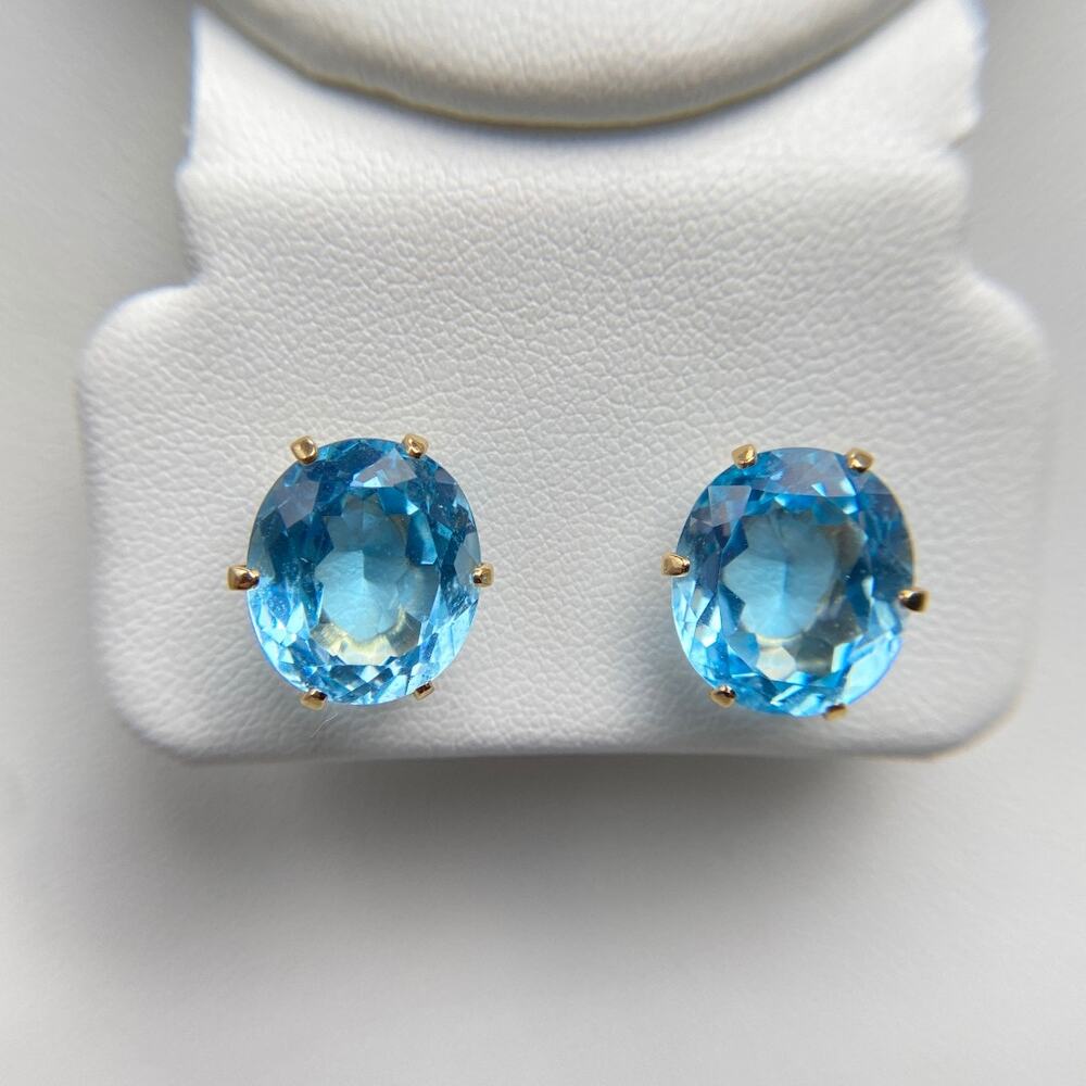 14K Gold Large Oval Blue Topaz Statement Stud Earrings 5.68g - Picture 3 of 14